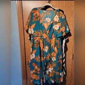 Orange and Turquoise Tropical Print Dress